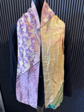 Yvonne Ogara Artisan Silk Scarf | Reversible Brocade & Shibori | Lavender Gold